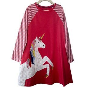 MINI BODEN Unicorn Applique Dress Girls 7-8 128cm Red Stripes Cotton Tunic Girl